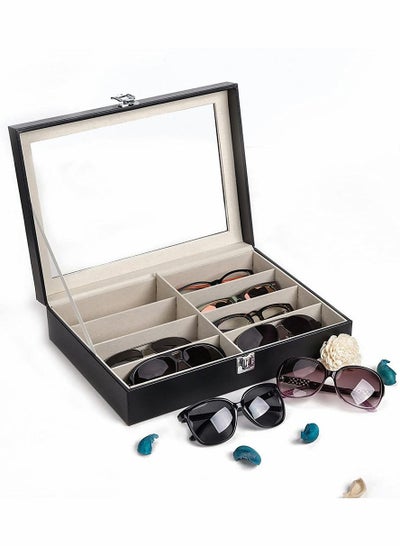 Sunglasses Organizer, PU Leather Eyewear Organizer Sunglasses Display Case for Jewelry, Sunglasses Storage Holder Box, Sunglasses Watch Collection Case with 8 Slot, Lockable Case